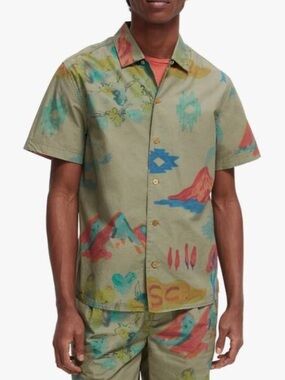 Scotch & Soda - Printed Poplin SS Shirt - Tent Olive Green/Multi